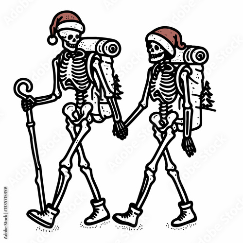 Skeleton couple wear santa hats hiking a snowy mountain peak a minimalist vector drawing