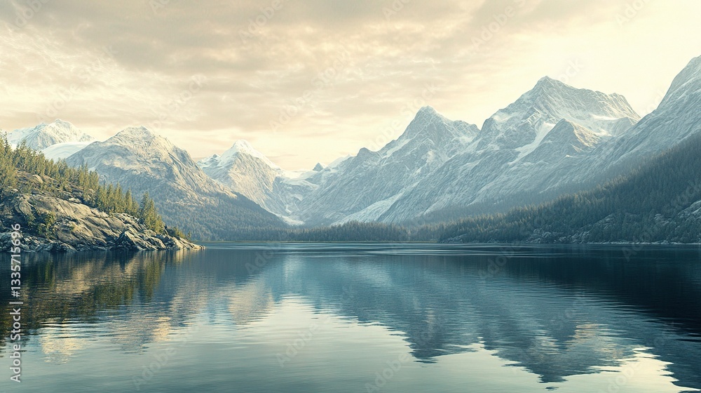 Tranquil Mountain Lake at Dawn: A breathtaking panoramic view of a pristine mountain lake reflecting the soft, golden light of dawn, with majestic snow-capped peaks rising in the distance. Tranquil Mountain Lake at Dawn: A breathtaking panoramic view of a pristine mountain lake reflecting the soft, golden light of dawn, with majestic snow-capped peaks rising in the distance.