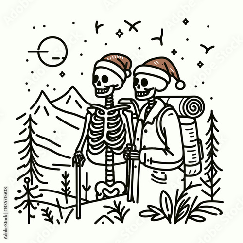Skeleton couple wear Santa hats exploring nature's wintry wonderland a minimalist vector graphic