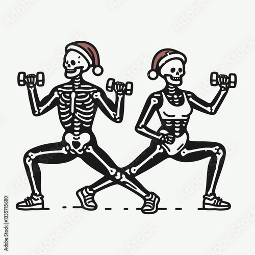Skeleton couple wear santa hats exercising together a minimalist vector drawing depicts spooky fitness fun
