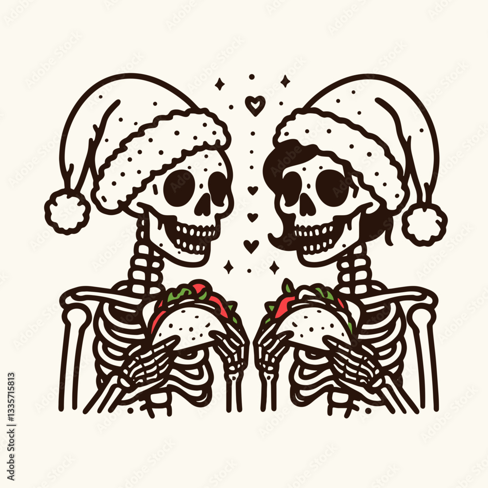 Fototapeta premium Skeleton couple wear Santa hats eat tacos a minimalist vector drawing of a spooky festive feast