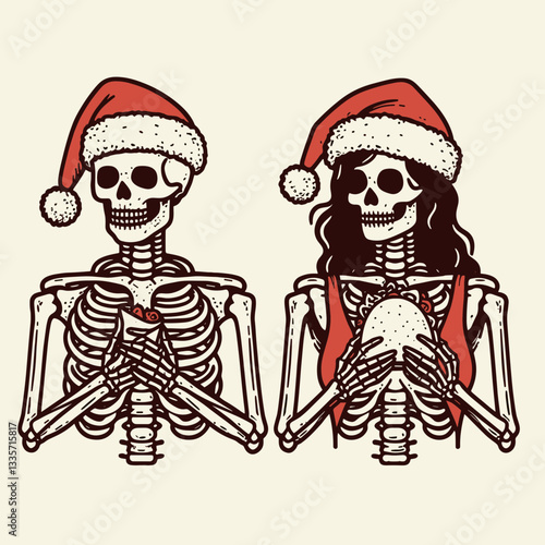 Skeleton couple wear santa hats eat tacos a minimalist monochrome vector drawing