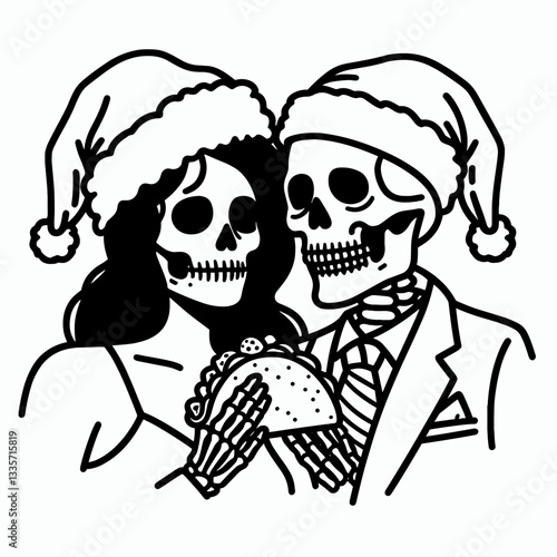 Skeleton couple wear santa hats eat tacos a minimalist vector drawing