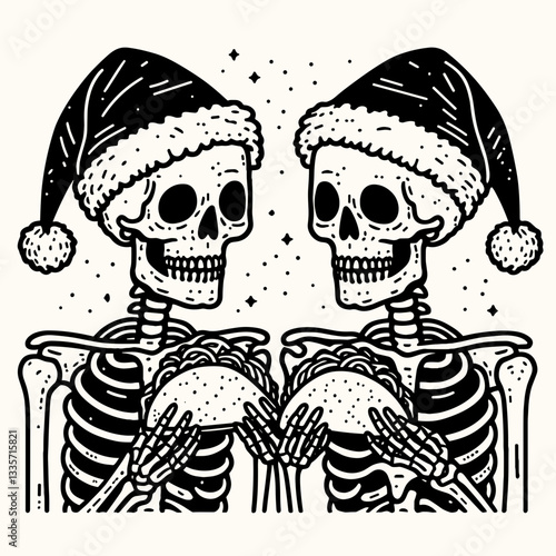 Skeleton couple wear santa hats eat taco minimalist vector graphic depicting a spooky festive feast