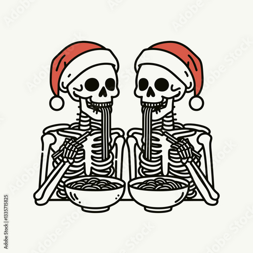 Skeleton couple wear santa hats eat ramen; a minimalist monochrome doodle depicts their festive noodle feast.