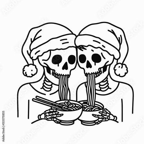 Skeleton couple wear Santa hats eat ramen noodles minimalist vector drawing of a spooky holiday feast