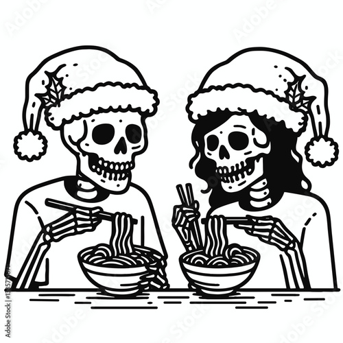 Skeleton couple wear Santa hats eat ramen noodles minimalist vector drawing of a spooky festive dinner