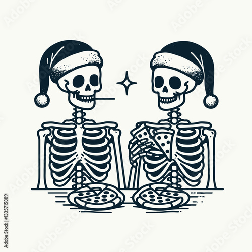 Skeleton couple wear Santa hats eat pizza minimalist vector drawing of a spooky Christmas feast