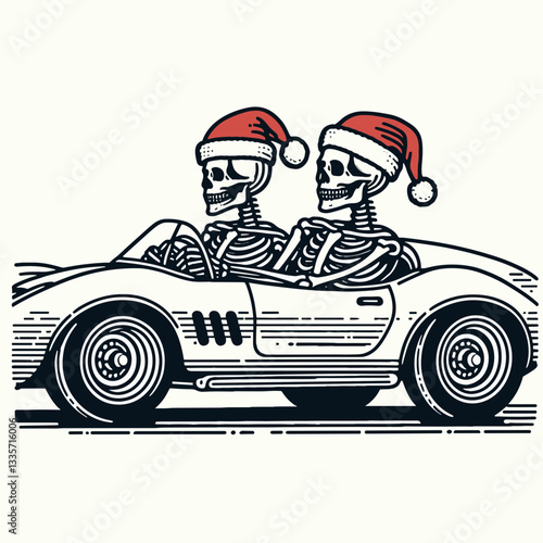 Skeleton couple wear Santa hats drive a retro sport car minimalist vector graphic towards a spooky Christmas party