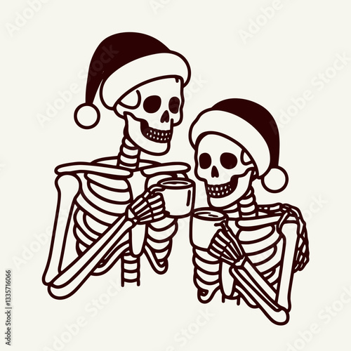 Skeleton couple wear santa hats drinking coffee together minimalist vector graphic shows a spooky festive morning