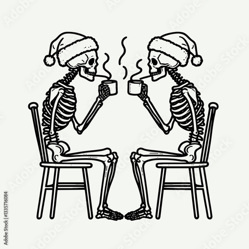 Skeleton couple wear santa hats drinking tea together a minimalist vector illustration shows spooky holiday cheer