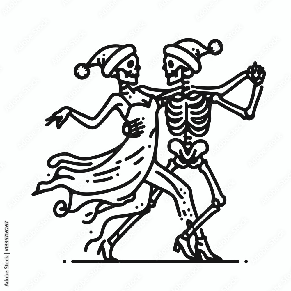 Skeleton couple wear santa hat dancing tango a minimalist silhouette graphic depicting a spooky festive dance Skeleton couple wear santa hat dancing tango a minimalist silhouette graphic depicting a spooky festive dance