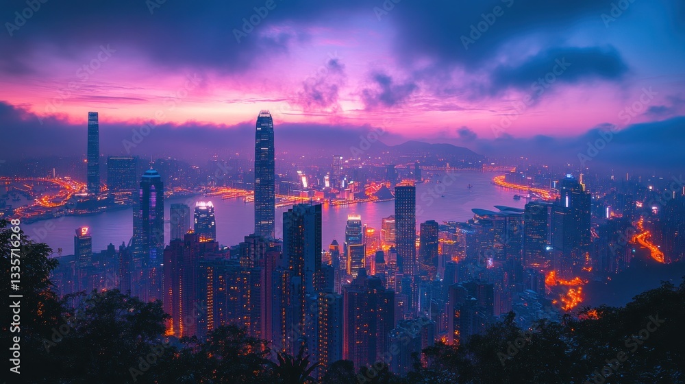 Obraz premium Hong Kong Skyline at Dawn: A Breathtaking Urban Panorama