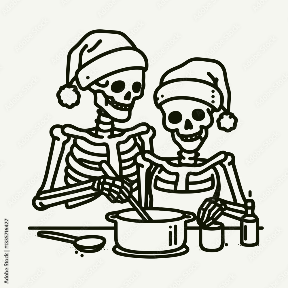 custom made wallpaper toronto digitalSkeleton couple wear Santa hats cooking together a minimalist vector drawing of spooky holiday baking