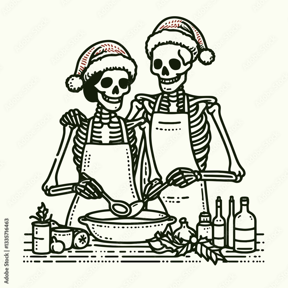 custom made wallpaper toronto digitalSkeleton couple wear Santa hats cooking together a minimalist vector illustration of a spooky festive culinary scene