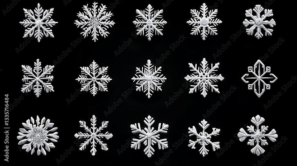 Collection of unique white snowflakes on black. Collection of unique white snowflakes on black.