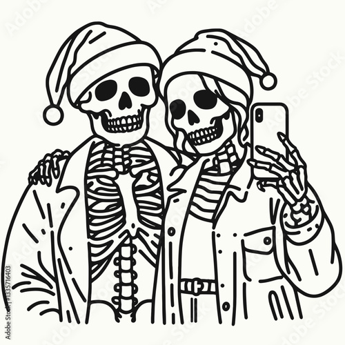 Skeleton couple wear santa hat couple selfie minimalist vector graphic depicting a spooky holiday romance