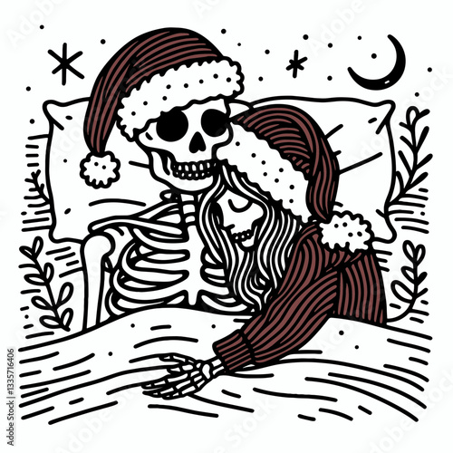 Skeleton couple wear santa hat cuddling under a blanket a minimalist vector drawing of spooky holiday love.