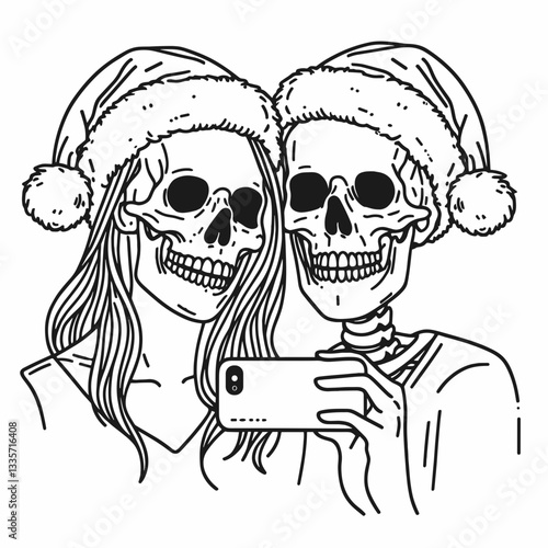 Wallpaper Mural Skeleton couple wear santa hat couple selfie minimalist vector graphic a whimsical holiday memento Torontodigital.ca
