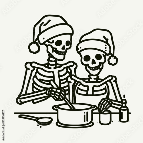 Wallpaper Mural Skeleton couple wear Santa hats cooking together a minimalist vector drawing of spooky holiday baking Torontodigital.ca