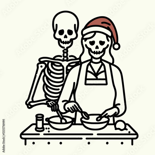 Wallpaper Mural Skeleton couple wear santa hats cooking together a spooky Christmas dinner minimalist vector graphic Torontodigital.ca