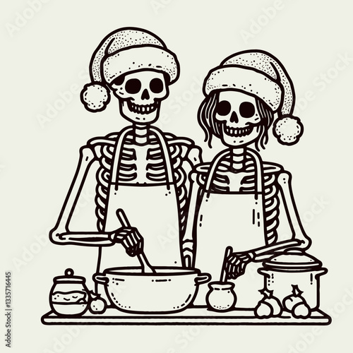 Wallpaper Mural Skeleton couple wear Santa hat cooking together a minimalist vector drawing of a spooky holiday bake-off Torontodigital.ca
