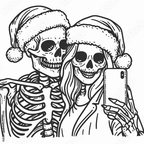 Skeleton couple wear santa hat couple selfie minimalist vector graphic  shows spooky holiday cheer