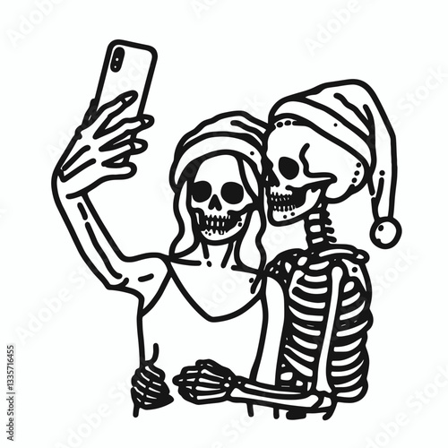 Wallpaper Mural Skeleton couple wear santa hat couple selfie minimalist vector graphic showing spooky holiday cheer Torontodigital.ca