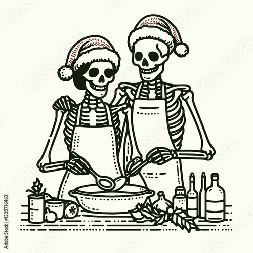 Wallpaper Mural Skeleton couple wear Santa hats cooking together a minimalist vector illustration of a spooky festive culinary scene Torontodigital.ca