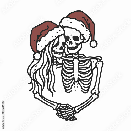 Wallpaper Mural Skeleton couple wear Santa hats close holding hands minimalist graphic  illustrating spooky holiday love. Torontodigital.ca