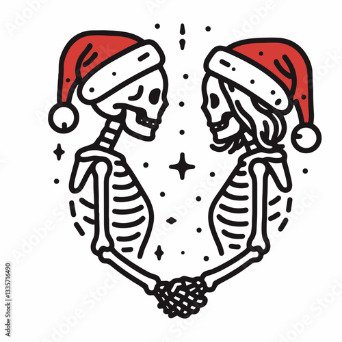 Wallpaper Mural Skeleton couple wear santa hats close holding hands minimalist vector graphic a spooky festive embrace Torontodigital.ca