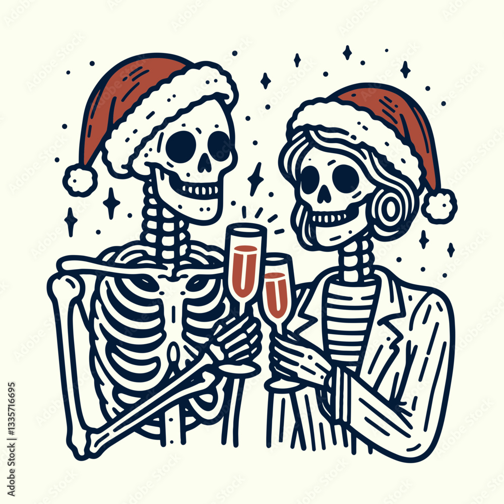 custom made wallpaper toronto digitalSkeleton couple wear santa hats celebrating with a toast a minimalist vector graphic depicting a festive skeletal pair.