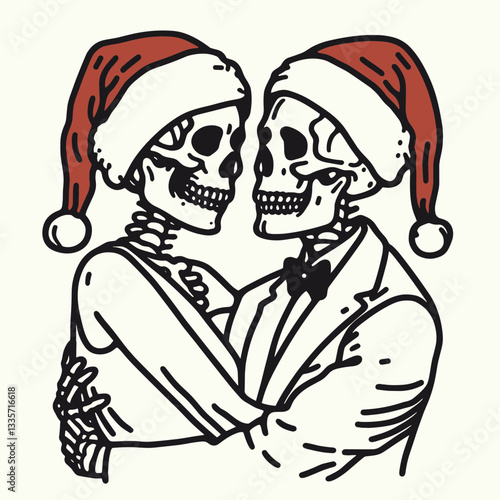 Wallpaper Mural Skeleton couple wear santa hat Classic Embrace minimalist silhouette graphic a whimsical holiday love story Torontodigital.ca