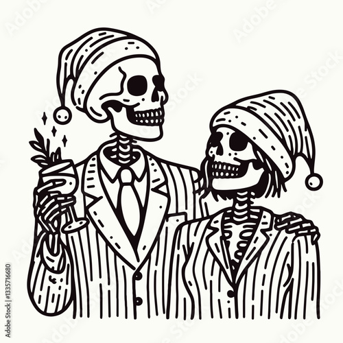 Wallpaper Mural Skeleton couple wear santa hats celebrating with a toast a minimalist vector graphic of a spooky holiday toast Torontodigital.ca