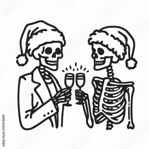Wallpaper Mural Skeleton couple wear santa hat celebrating with a toast; create a simple minimalist vector graphic silhouette. Torontodigital.ca
