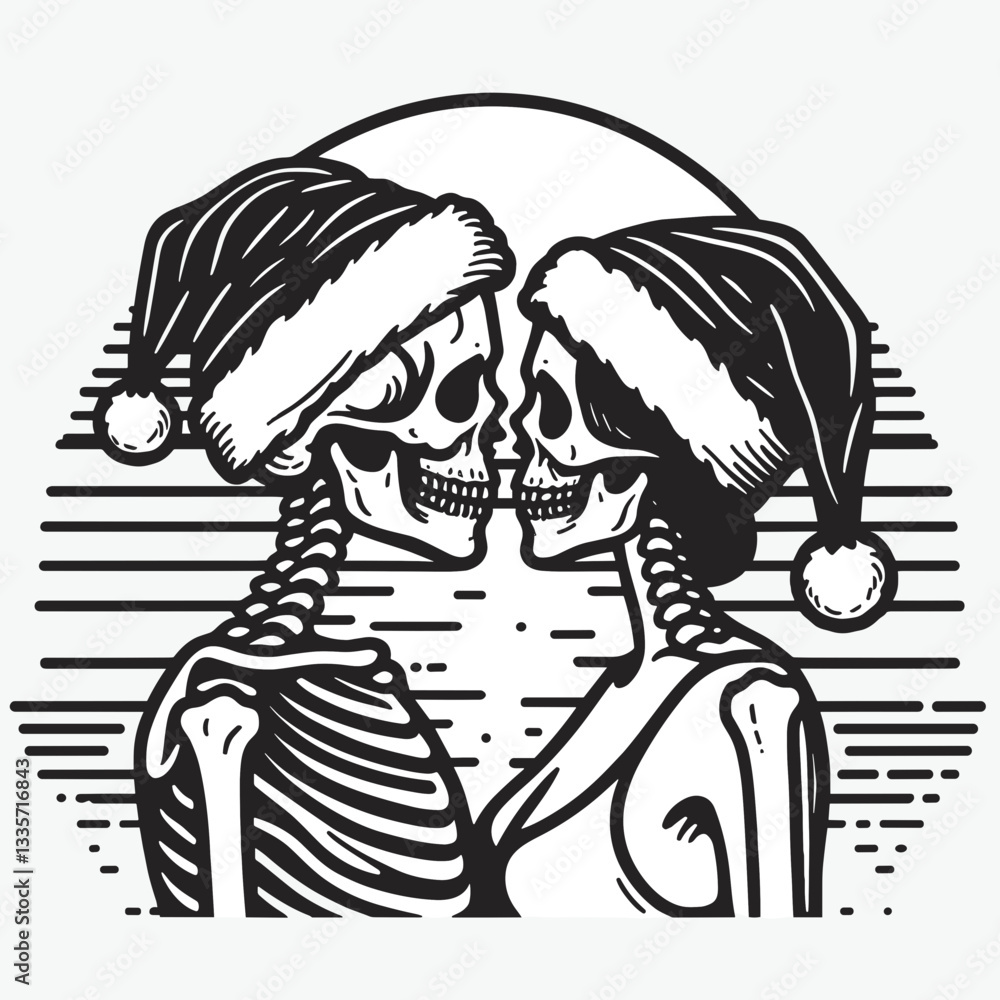 custom made wallpaper toronto digitalSkeleton couple wear Santa hat beach sunset kiss a minimalist silhouette drawing of love's final embrace