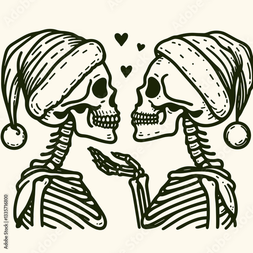 Skeleton couple wear santa hats blowing kisses a minimalist vector drawing shows their love.