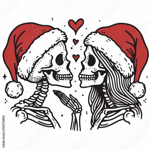 Wallpaper Mural Skeleton couple wear santa hat blowing kisses to each other a minimalist monochrome vector graphic depicts spooky holiday love. Torontodigital.ca