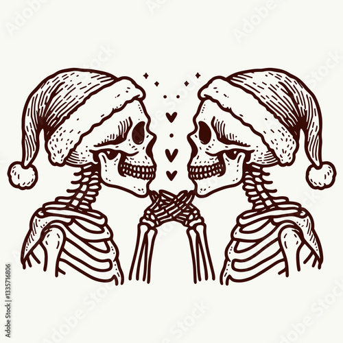 Wallpaper Mural Skeleton couple wear santa hat blowing kisses to each other a minimalist monochrome vector graphic of spooky festive love. Torontodigital.ca