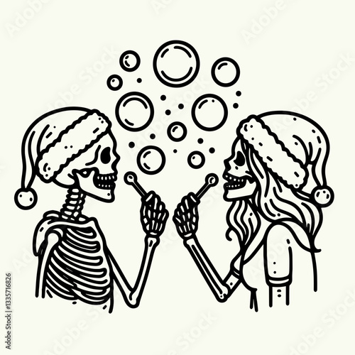 Wallpaper Mural Skeleton couple wear santa hats blowing bubbles a minimalist vector graphic showcasing whimsical winter love. Torontodigital.ca