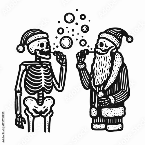 Wallpaper Mural Skeleton couple wear santa hats blowing bubbles a minimalist vector graphic of whimsical holiday love. Torontodigital.ca