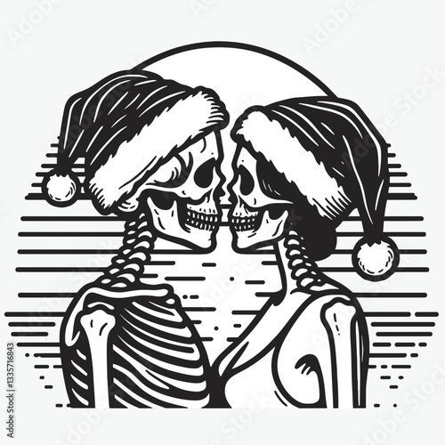 Wallpaper Mural Skeleton couple wear Santa hat beach sunset kiss a minimalist silhouette drawing of love's final embrace Torontodigital.ca