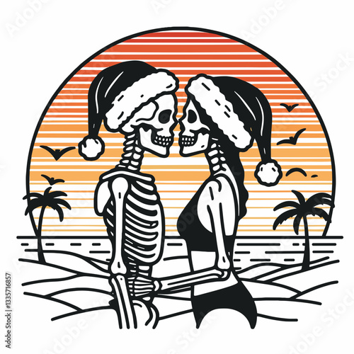 Wallpaper Mural Skeleton couple wear santa hats beach sunset kiss minimalist silhouette drawing of a romantic bone-chilling embrace. Torontodigital.ca
