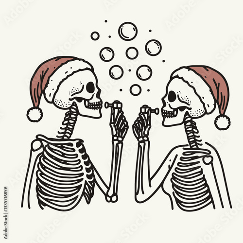 Skeleton couple wear Santa hat blowing bubbles minimalist vector graphic of a spooky holiday romance
