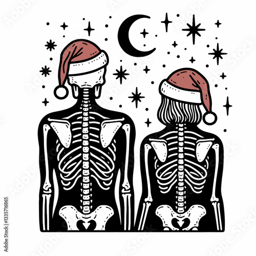 Skeleton couple wear santa hats back view stargazing minimalist silhouette a cosmic winter romance unfolds