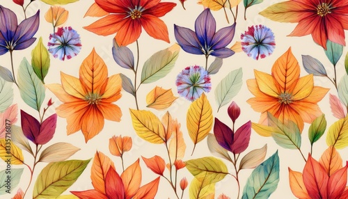 Wallpaper Mural Watercolor seamless pattern with fall flowers and leaves, pressed flower autumn watercolor illustration with a light beige background Torontodigital.ca