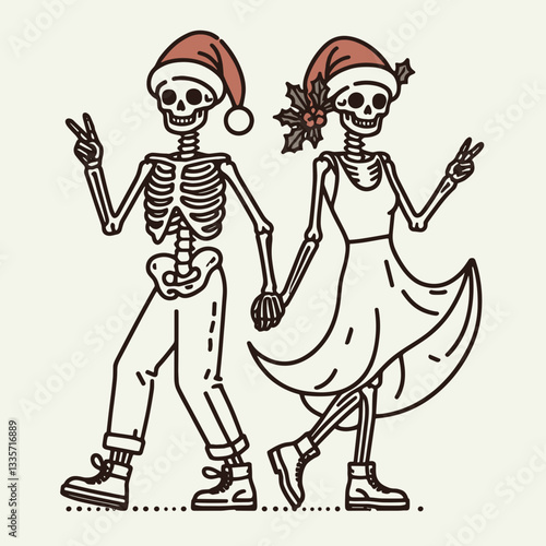 Skeleton couple wear santa hat a playful lift a minimalist vector drawing of festive spooky love