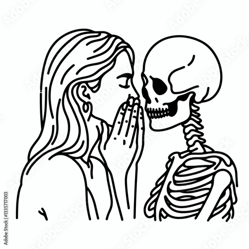Skeleton lesbian couple whispering secrets a minimalist monochrome outline drawing depicts their clandestine love.