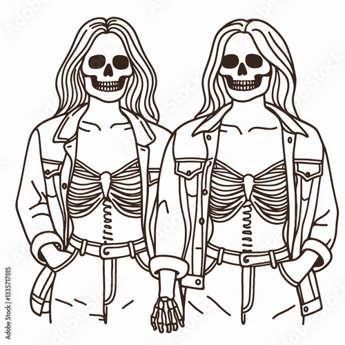 Skeleton lesbian couple wearing matching outfits minimalist monochrome vector graphic illustrating spooky love.