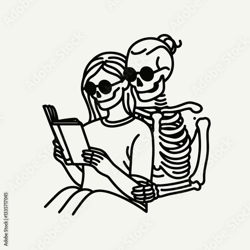 Skeleton lesbian couple wear glasses reading a minimalist monochrome vector outline drawing of gothic romance.